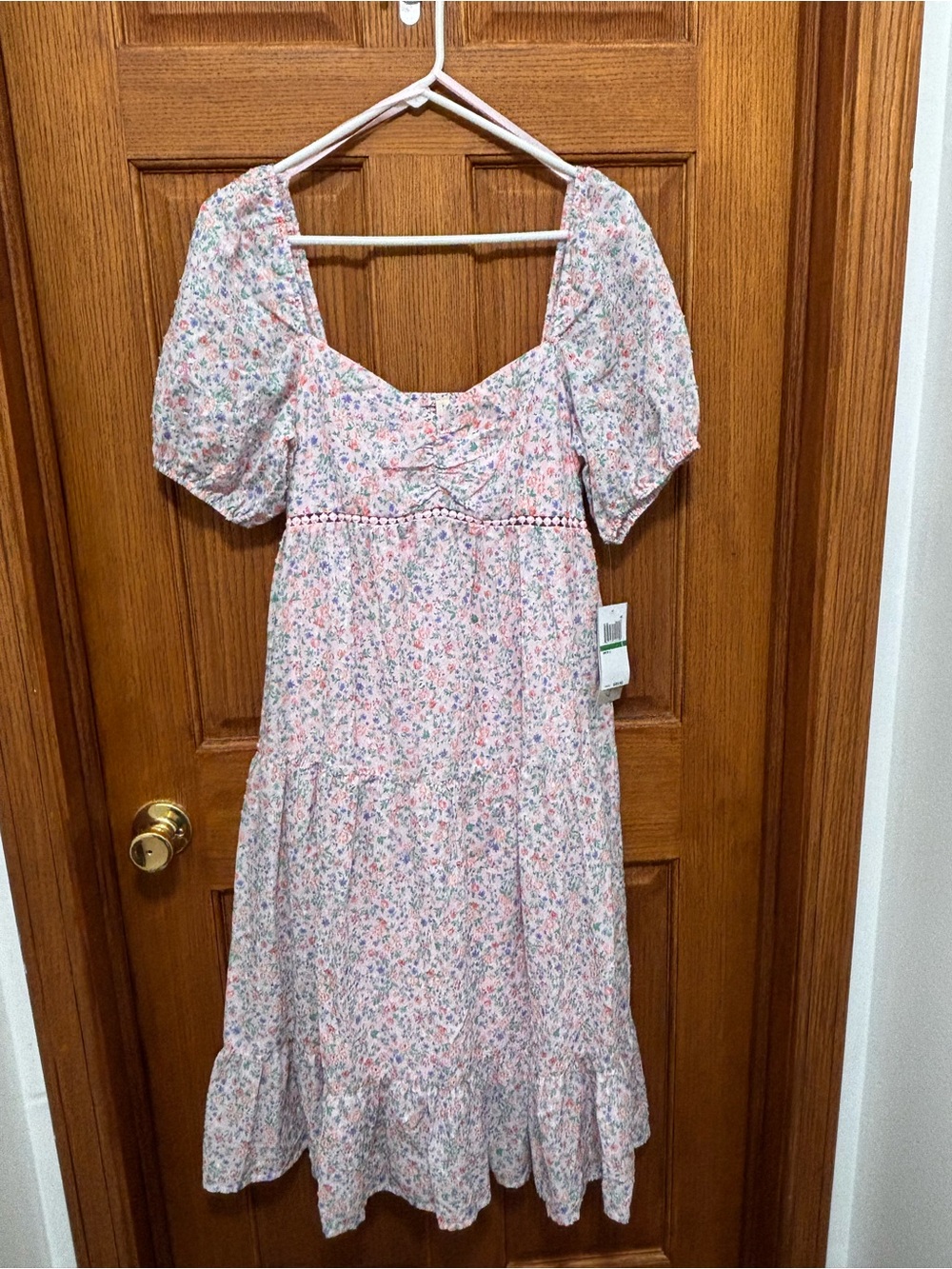 Kingston Grey Pink Floral Midi Dress with Puff Sleeves. Sz L. NWT